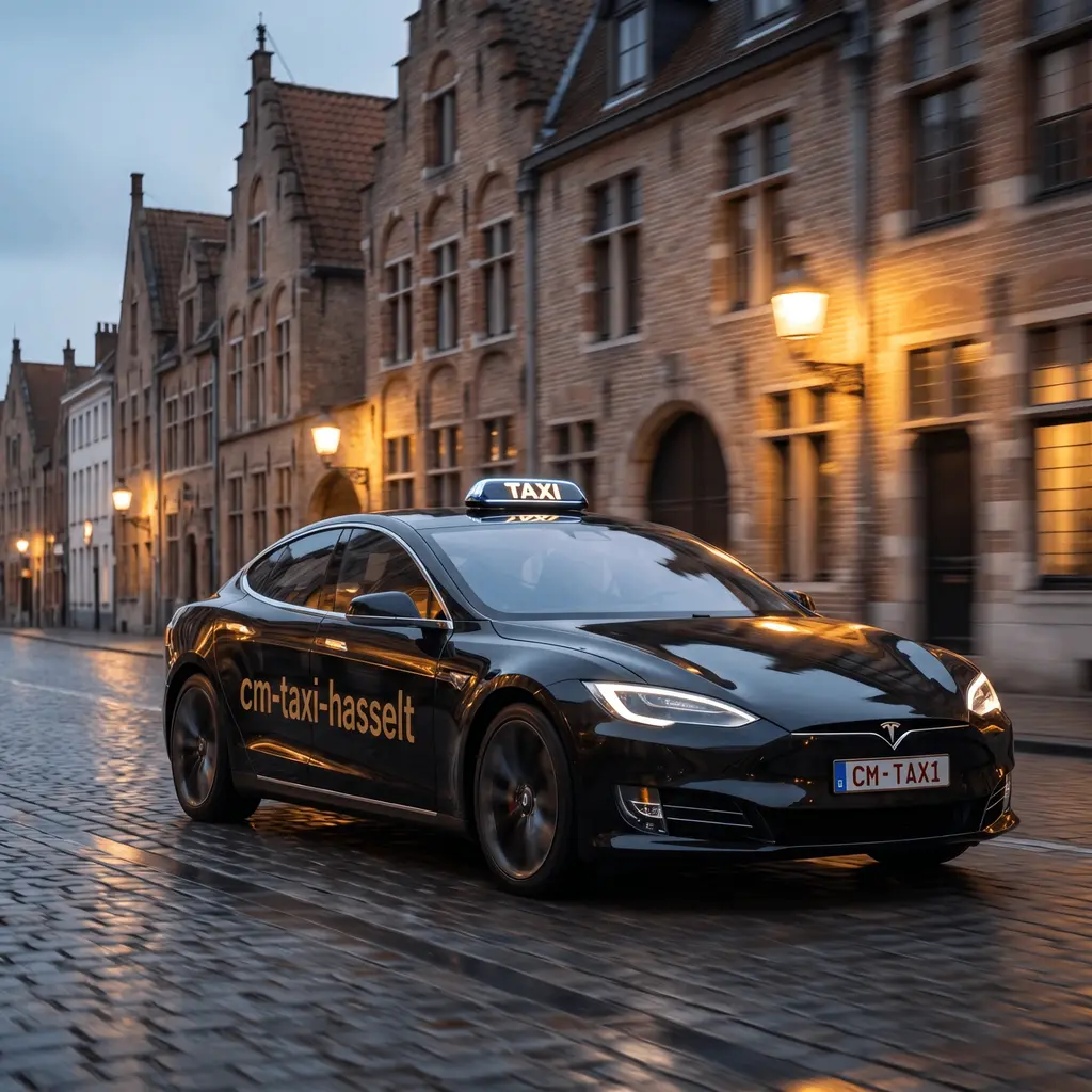 Zwarte taxi met verlicht taxibord in een straat met kasseien, bij avond